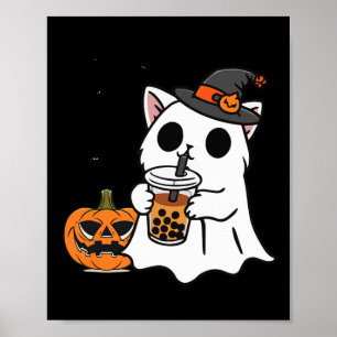 Affiche Cute Halloween Chat En Costume Fantôme Boire Boba