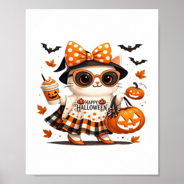 Affiche Cute Halloween Chat - Kawaii Witch Kitty avec Pump (Devant)