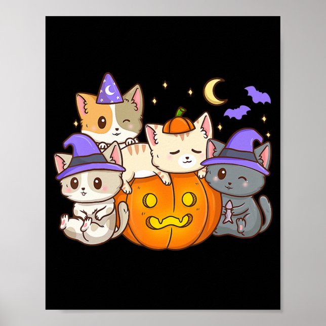 Affiche Cute Halloween Chats Anime Chat Kawaii Citrouille  (Devant)