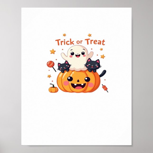 Affiche Cute Halloween - Classe Kawaii Ghost et Black Cats (Devant)