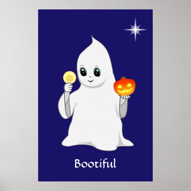 Affiche Cute Halloween Ghost & Citrouille sur Navy Blue (Devant)