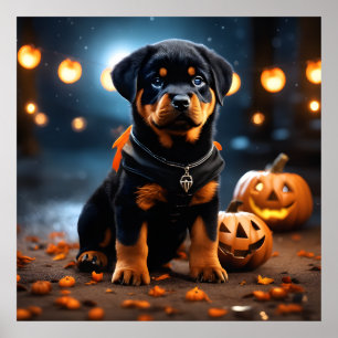 Affiche Cute Halloween Rottweiler Chien chiot avec Citroui