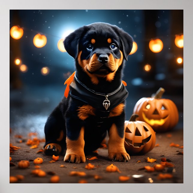 Affiche Cute Halloween Rottweiler Chien chiot avec Citroui (Devant)