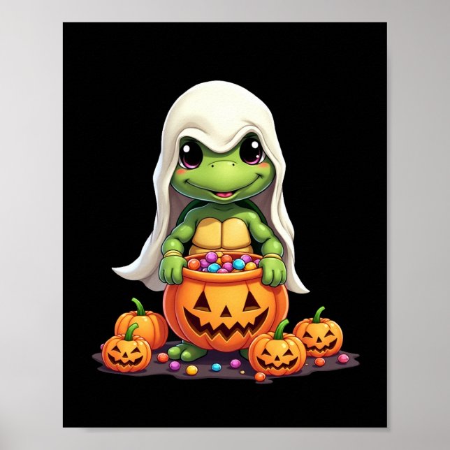 Affiche Cute Halloween Turtle Ghost with Candy (1) (Devant)
