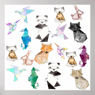Affiche Cute Hand Drawn Geometric Paper Origami Animals