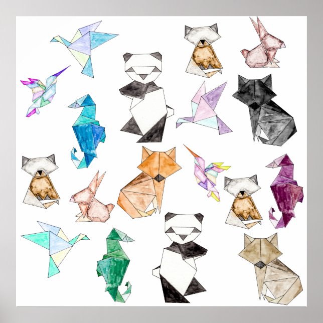 Affiche Cute Hand Drawn Geometric Paper Origami Animals (Devant)