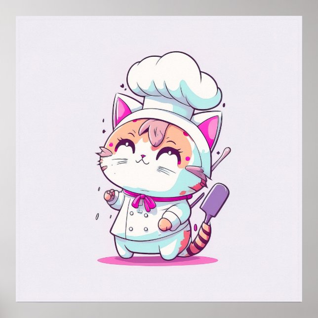 Affiche Cute Happy Baker Pâtisserie Chef Chat Kitten | (Devant)