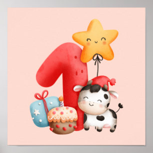 Affiche Cute Happy Cow 1st Birthday