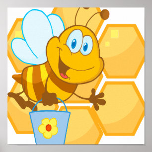 Affiche cute happy honey bee and honeycomb