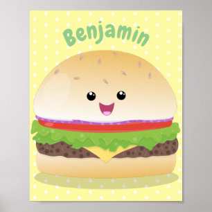 Affiche Cute happy kawaii hamburger cartoon
