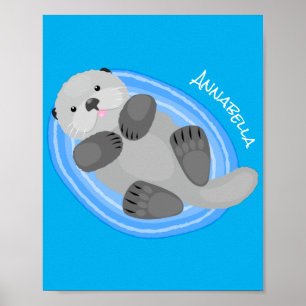 Affiche Cute happy sea otter blue cartoon illustration