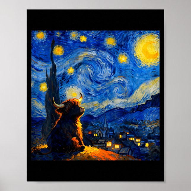Affiche Cute Highland Baby Cow Graphic Van Gogh Style Star (Devant)