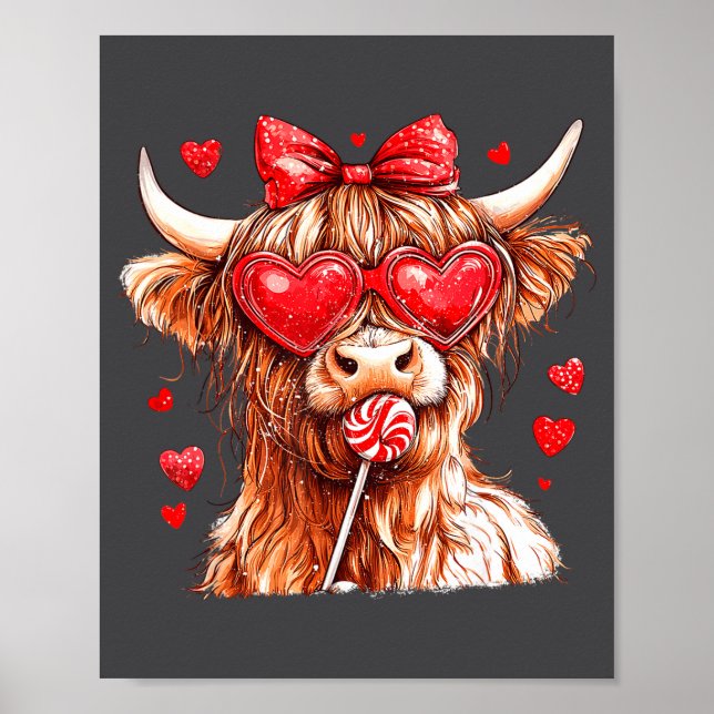 Affiche Cute Highland Cow Candy Cane Heart Valentines Day  (Devant)