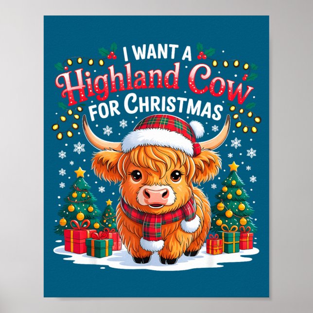 Affiche Cute Highland Cow Christmas Funny Santa Lights Hol (Devant)