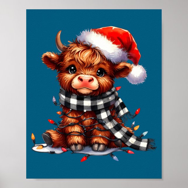 Affiche Cute Highland Cow Christmas Lights Santa Hat Winte (Devant)
