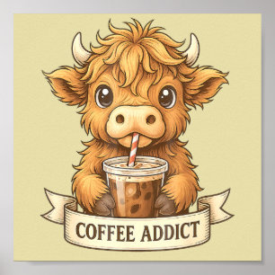 Affiche Cute Highland Cow Coffee Addict Drôle Boire Café