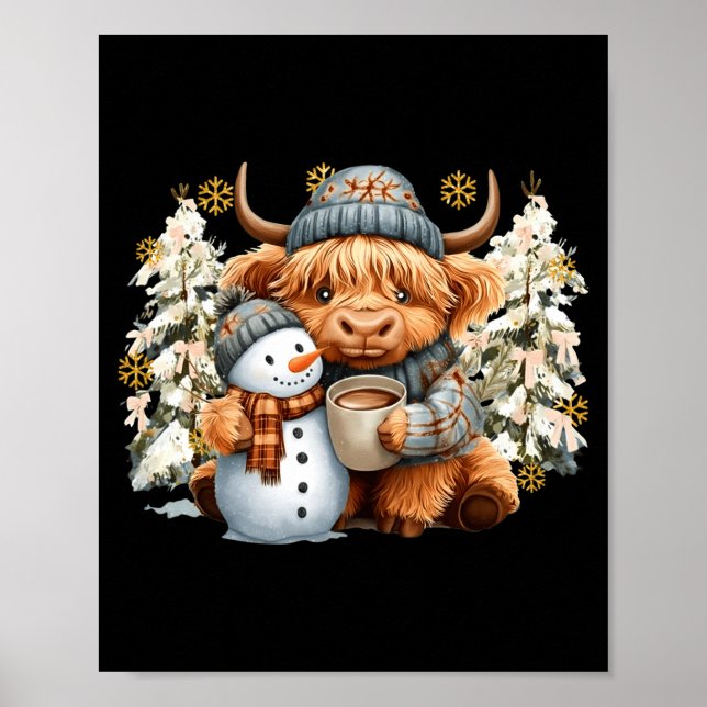 Affiche Cute Highland Cow With Snowman Hot Cocoa Christmas (Devant)
