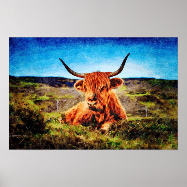 Affiche Cute Highland Vache Aquarelle Peinture d'art (Devant)