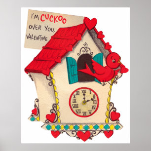 Affiche Cute horloge coucou rétro Valentine vintage