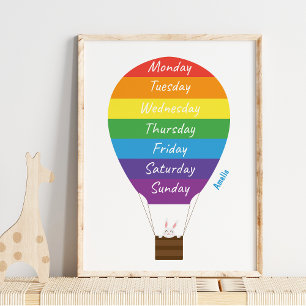 Affiche Cute Hot Air Ballon Days of the Week Rainbow