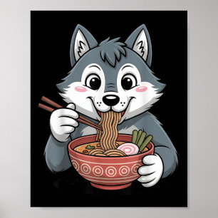 Affiche Cute Husky Manger Ramen Japonais Kawaii Dog Noodle