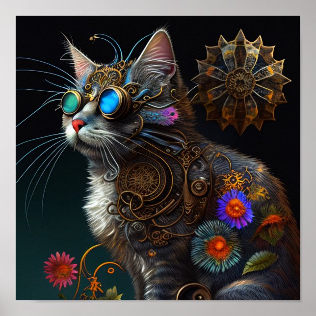 Affiche Cute imaginaire steampunk chat et fleurs IA art (Devant)