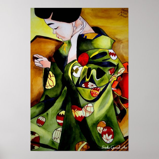 Affiche Cute japonais Geisha aquarelle originale art (Devant)