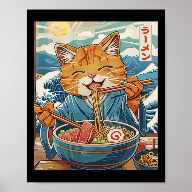 Affiche Cute Japonaise Ramen Chat La Grande Vague (Devant)