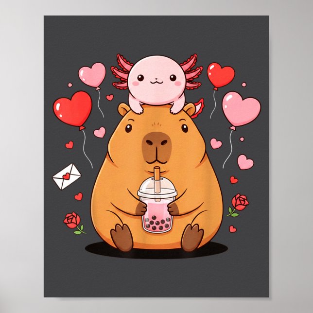Affiche Cute Kawaii Axolotl Capybara Bubble Tea Boys Girls (Devant)
