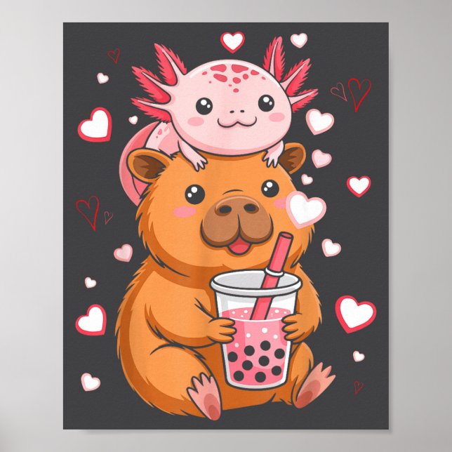 Affiche Cute Kawaii Axolotl Capybara Bubble Tea Boys Girls (Devant)