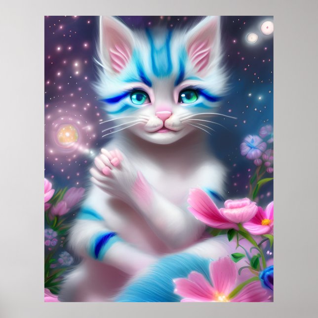 Affiche Cute Kawaii bébé rayé rose et bleu chaton chat cha (Devant)