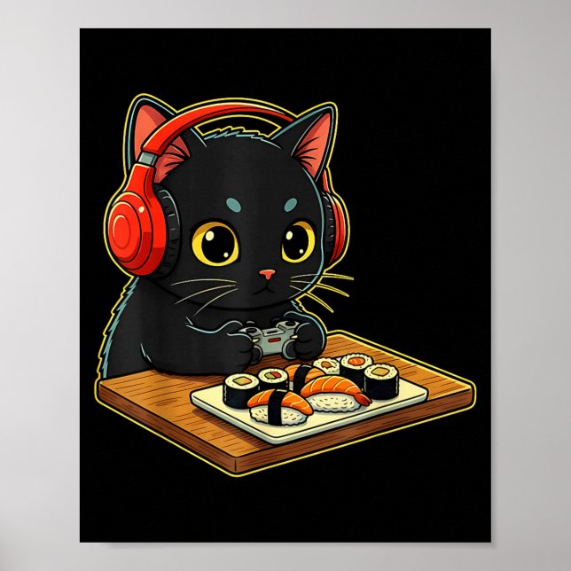 Affiche Cute Kawaii Black Cat Funny Sushi Retro Japanese C (Devant)