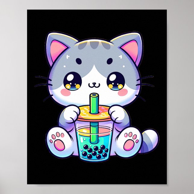 Affiche Cute Kawaii Buble Thé Chat Japonais Kitten Anime (Devant)