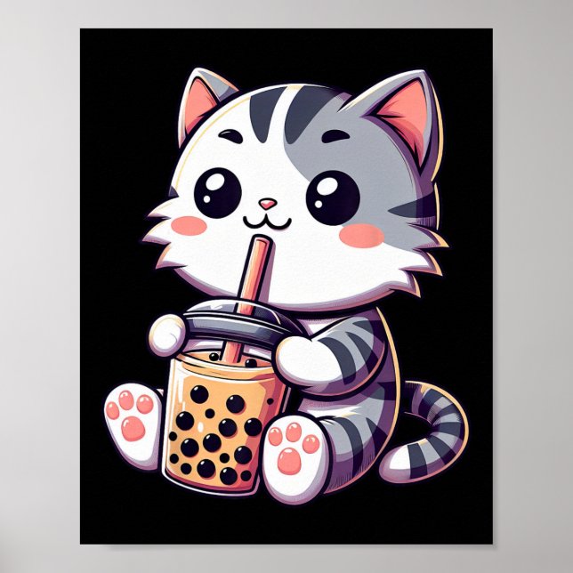 Affiche Cute Kawaii Chat Boba Bubble Thé Lait Anime Neko K (Devant)