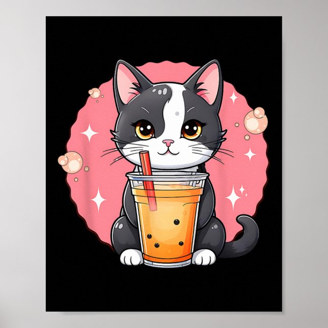 Affiche Cute Kawaii Chat Boba Tea Style japonais Kit Tuxed (Devant)