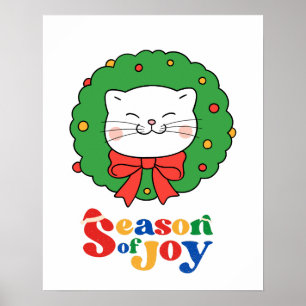 Affiche Cute Kawaii Chat Noël Wreath Saison de joie
