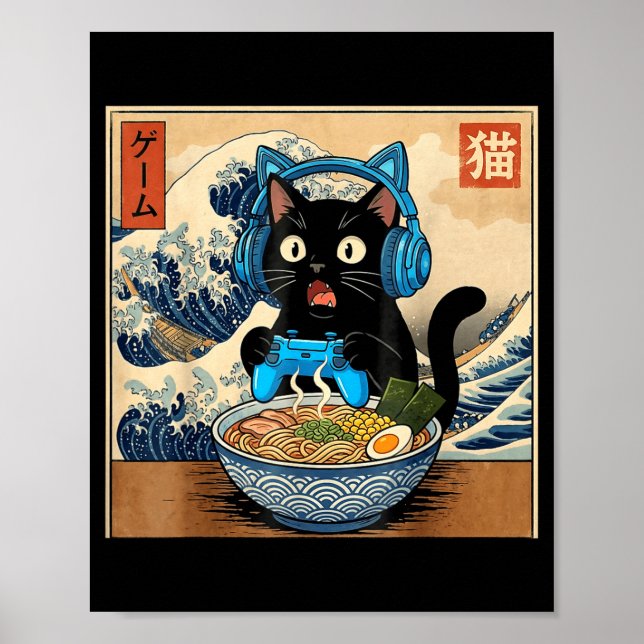 Affiche Cute Kawaii Gamer Cat Funny Ramen Japanese Cat Gam (Devant)