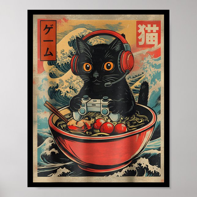Affiche Cute Kawaii Gamer Cat Funny Ramen Retro Japanese C (Devant)