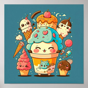 Affiche Cute kawaii ice cream cartoon vector illustration.