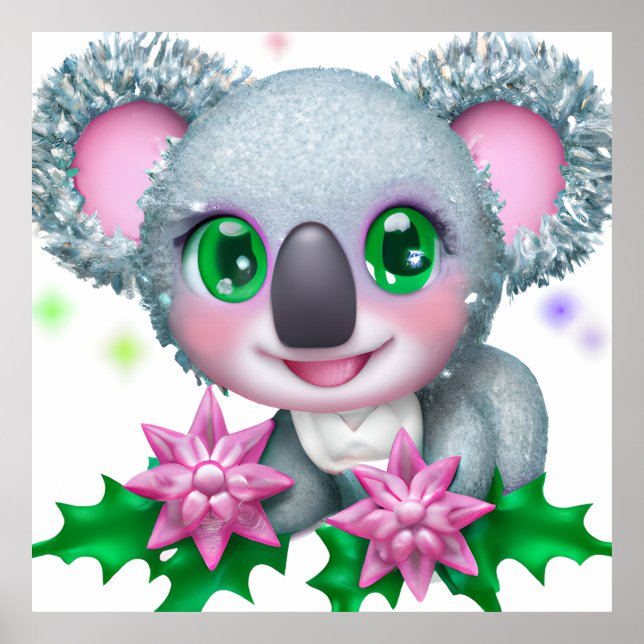 Affiche Cute Kawaii Koala Ours avec Fleurs (Devant)