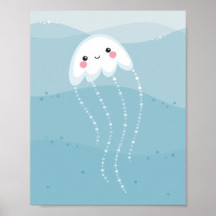 Affiche Cute kawaii méduse nageant dans des vagues bleu do