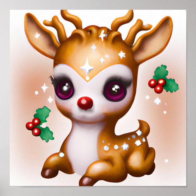 Affiche Cute Kawaii Reindeer avec Holly et Parties scintil (Devant)