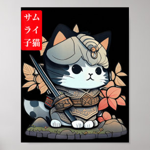 Affiche Cute Kawaii Samurai Warrior Kawaii Cat Japanese An