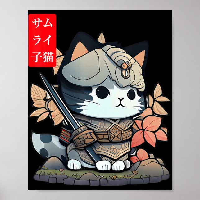 Affiche Cute Kawaii Samurai Warrior Kawaii Cat Japanese An (Devant)