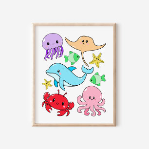Affiche Cute Kawaii Vie marine Collage de l'art de la pépi