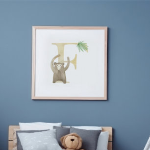 Affiche Cute Kids Animal MONKEY Monogram F Nursery