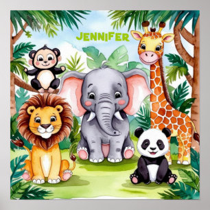 Affiche Cute Kids Safari Jungle Animaux Nom Personnalisé
