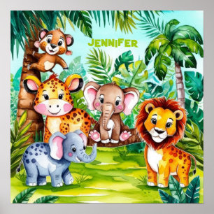 Affiche Cute Kids Safari Jungle Animaux Nom Personnalisé