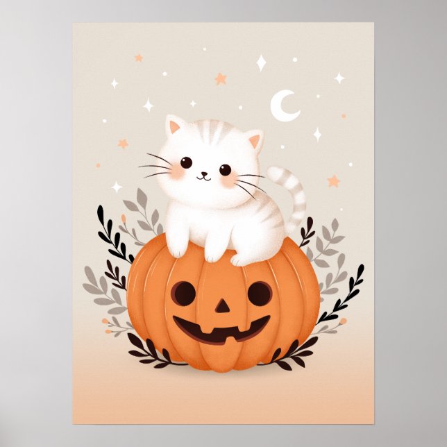 Affiche Cute Kitten Assis Sur Citrouille Moderne Halloween (Devant)