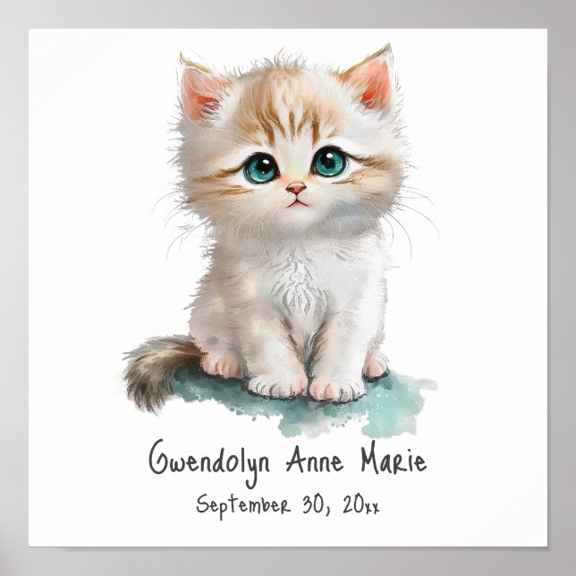 Affiche Cute Kitten avec Blue Eyes Aquarelle Nursery Art (Devant)